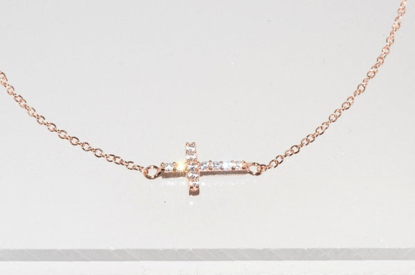 925 Silver Rose Gold Plated Sideway Cross Necklace Cubic Zirconia, 16.5" - Jewelryland.com