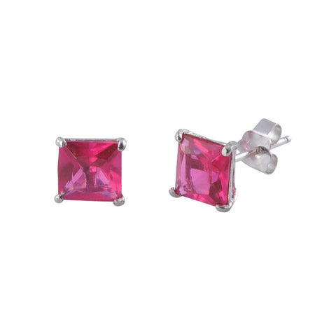 Birthstone Earrings July Ruby Cubic Zirconia Studs Square Basket Setting - Jewelryland.com