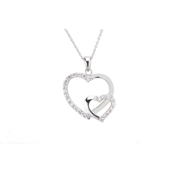 Double Heart CZ Necklace .925 Sterling Silver Clear Cubic Zirconia 28mm 16" - Jewelryland.com