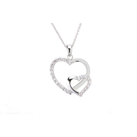 Double Heart CZ Necklace .925 Sterling Silver Clear Cubic Zirconia 28mm 16" - Jewelryland.com