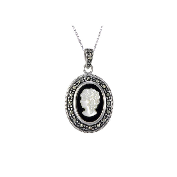 Sterling Silver Marcasite Cameo Pendant Necklace includes 18" Chain - Jewelryland.com