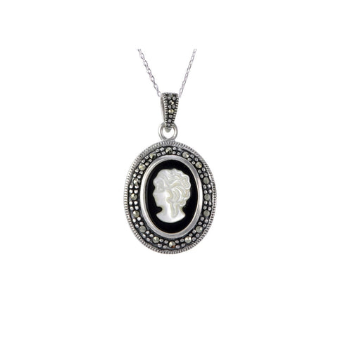 Sterling Silver Marcasite Cameo Pendant Necklace includes 18" Chain - Jewelryland.com
