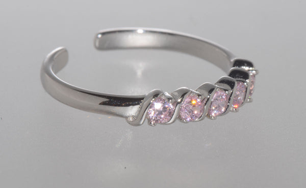 925 Sterling Silver Adjustable Toe Ring Single Row Pink CZ Stones - Jewelryland.com