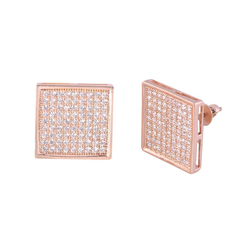 Micropave Earrings Screwback Studs Sterling Silver Rose Gold Plated 14mm Square - Jewelryland.com