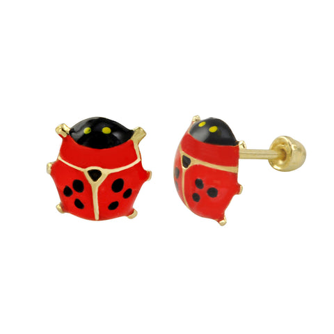 10k Yellow Gold Lady Bug Screwback Stud Earrings Hand Painted Red and Black 8x8 - Jewelryland.com
