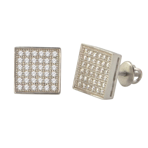 Mens Screwback Earrings .925 Sterling Silver Studs Cubic Zirconia Square 9mm - Jewelryland.com