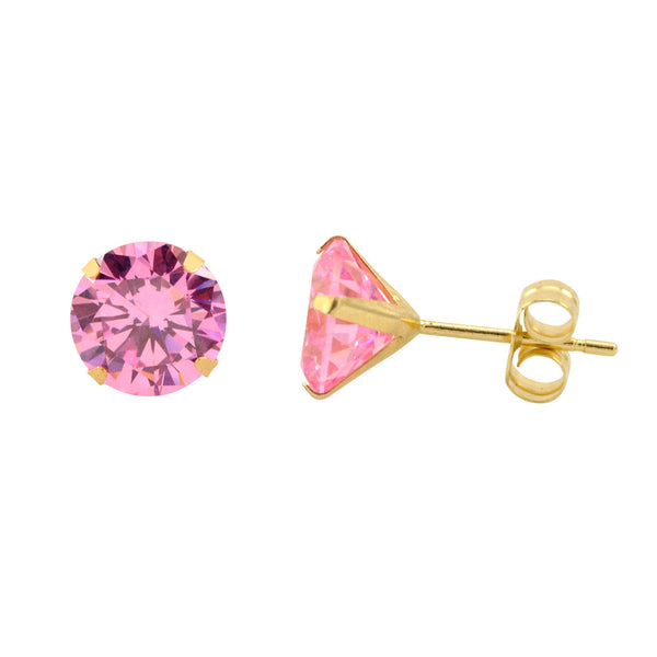 14k Yellow Gold Pink CZ Earrings Round Cubic Zirconia October Birthstone Studs - Jewelryland.com