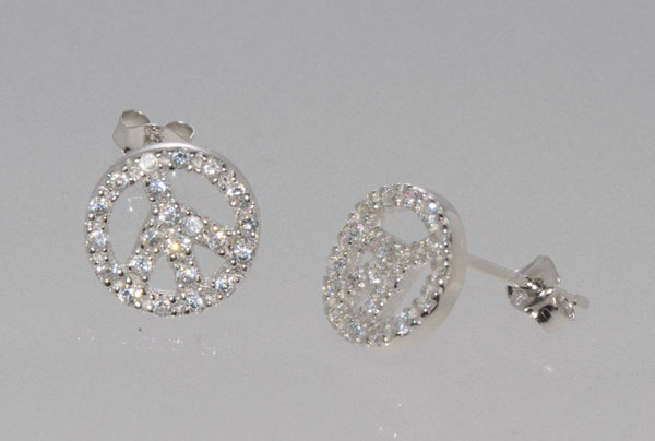 Peace Sign Stud Earrings Micropave Cubic Zirconia Sterling Silver Cute 11mm - Jewelryland.com