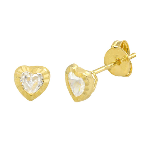 10k Yellow Gold 5mm CZ Heart Earrings with Laser Cut Frame Design Pushbacks - Jewelryland.com