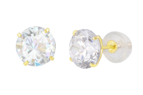 14k Yellow Gold Clear Round Basket Cubic Zirconia Stud Earrings Silicone Backs - Jewelryland.com