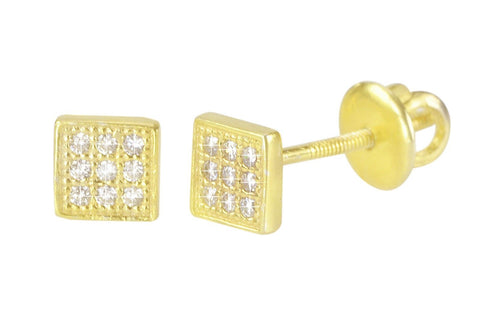 Mens Womens Screwback Earrings CZ 925 Silver Yellow Gold Plated 5mm Square - Jewelryland.com