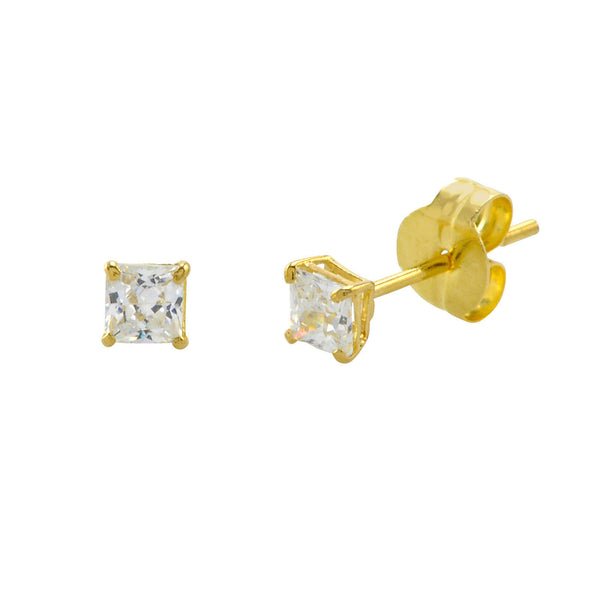 10k Yellow Gold Square Stud Earrings Clear CZ Cubic Zirconia Princess Cut Basket - Jewelryland.com