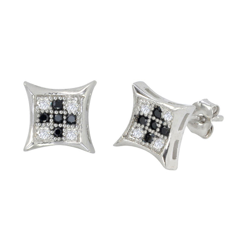 Sterling Silver Micropave Stud Earrings Black and White Kite Shaped 8mm x 8mm - Jewelryland.com