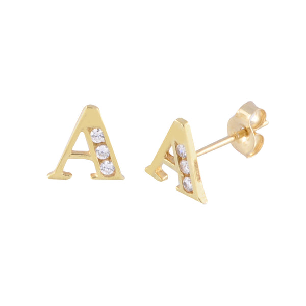 10k Yellow Gold Letter A Initial Stud Earrings Cubic Zirconia 7mm - Jewelryland.com