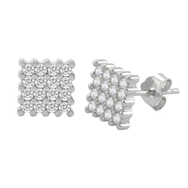 Sterling Silver Stud Earrings Square Micropave Cubic Zirconia CZ 8mm Chisel Edge - Jewelryland.com