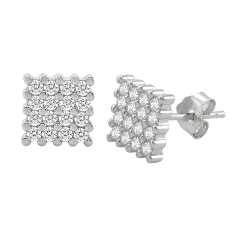 Sterling Silver Stud Earrings Square Micropave Cubic Zirconia CZ 8mm Chisel Edge - Jewelryland.com