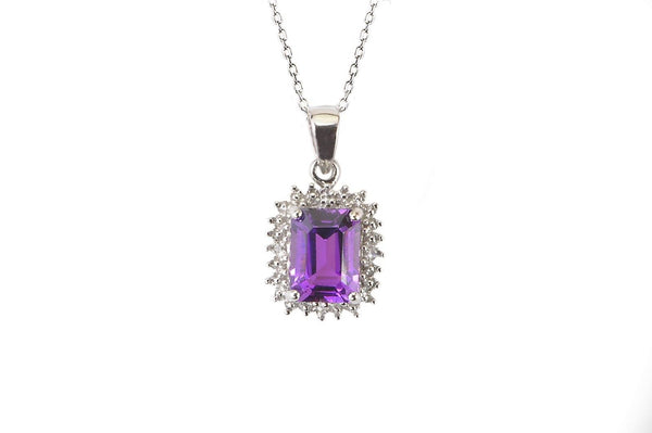 Sterling Silver 1.33ct Amethyst & Diamond Pendant Necklace - Rectangle Gemstone - Jewelryland.com
