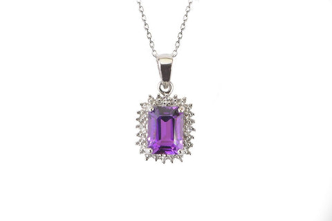 Sterling Silver 1.33ct Amethyst & Diamond Pendant Necklace - Rectangle Gemstone - Jewelryland.com