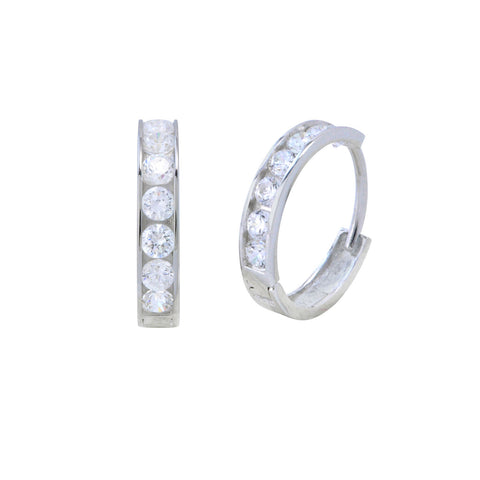 14k White Gold Huggie Hoop Earrings Snap Closure Cubic Zirconia 13mm x 2mm - Jewelryland.com