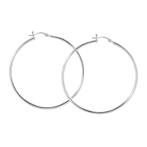 Sterling Silver Hoop Earrings High Polish Latch Closure 50mm - Two Inches - Jewelryland.com
