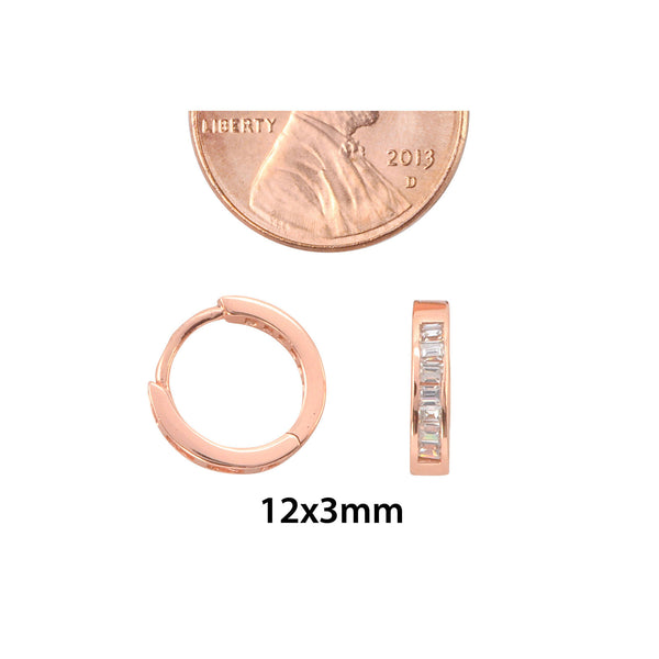 Sterling Silver Hoops Rose Gold Plated Huggie Earrings Cubic Zirconia 12mm x 3mm - Jewelryland.com