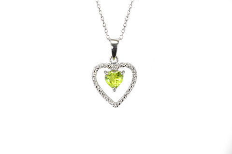 925 Sterling Silver Genuine 1pt Diamond and Peridot Open Heart Pendant Necklace - Jewelryland.com