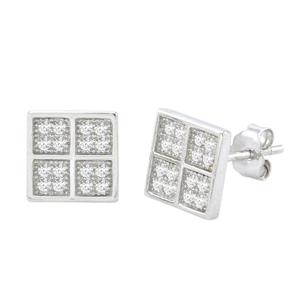 Sterling Silver Square Stud Earrings Micropave Cubic Zirconia 4 Quadrants 8mm - Jewelryland.com