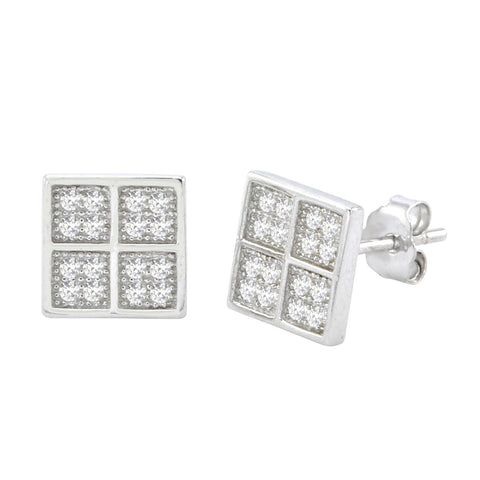 Sterling Silver Square Stud Earrings Micropave Cubic Zirconia 4 Quadrants 8mm - Jewelryland.com