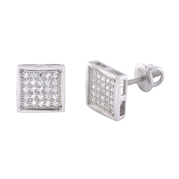 Screwback Earrings Sterling Silver Studs White CZ 8mm Square Framed - Jewelryland.com