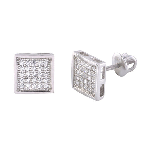 Screwback Earrings Sterling Silver Studs White CZ 8mm Square Framed - Jewelryland.com