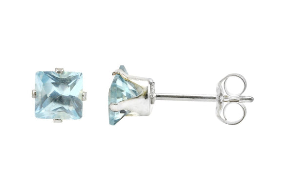 Square Aquamarine CZ March Birthstone Stud Earrings Silver Cubic Zirconia Prong - Jewelryland.com