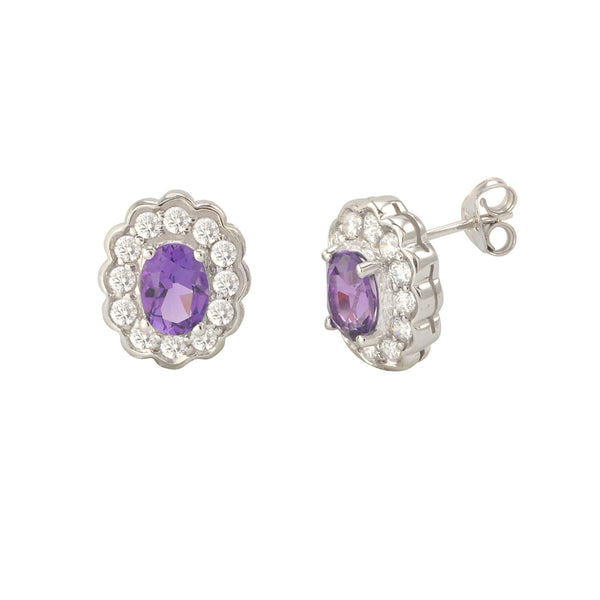 Amethyst Gemstone Stud Earrings 925 Sterling Silver Fancy Oval CZ Accent - Jewelryland.com