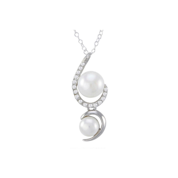 White Double Pearl Sterling Silver Necklace Clear CZ Swoosh Design, 18" Chain - Jewelryland.com