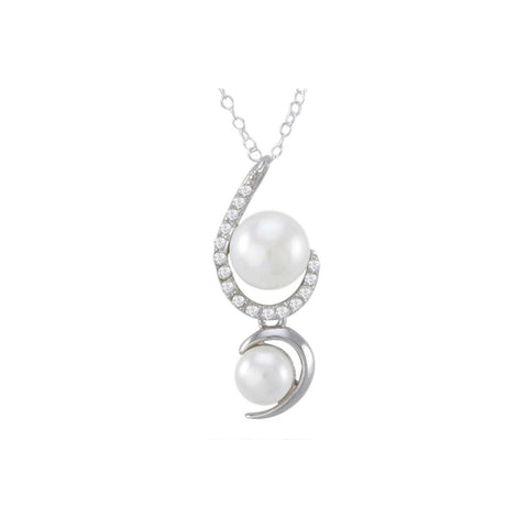 White Double Pearl Sterling Silver Necklace Clear CZ Swoosh Design, 18" Chain - Jewelryland.com