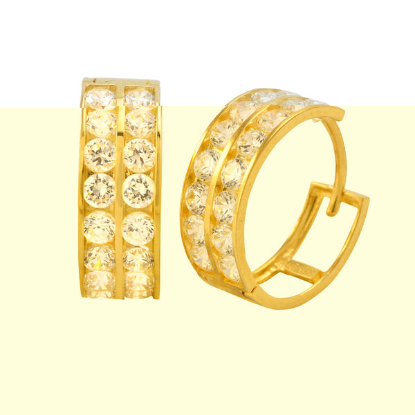 Huggie Earrings 14k Yellow Gold Cubic Zirconia 2 Row 14mm x 5mm - Jewelryland.com