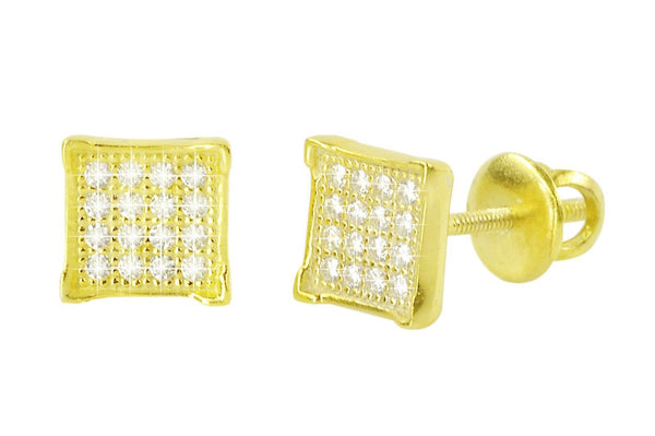 Sterling Silver Yellow Gold Plated Pave Stud Earrings Screwbacks 6mm CZ Square - Jewelryland.com