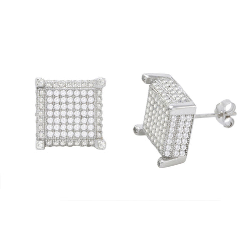 Sterling Silver Mens Stud Earrings Clear Pave 3d Square 4 Corner Accents 12mm - Jewelryland.com