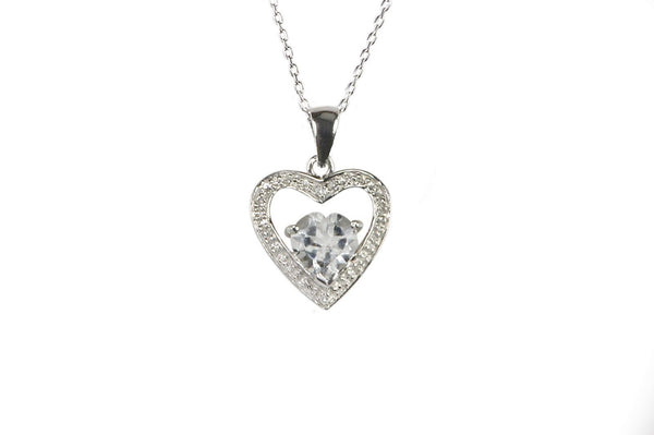 Sterling Silver Diamond (.01ct) and White Topaz Heart Necklace, 18" Chain - Jewelryland.com