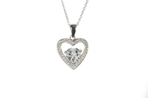 Sterling Silver Diamond (.01ct) and White Topaz Heart Necklace, 18" Chain - Jewelryland.com