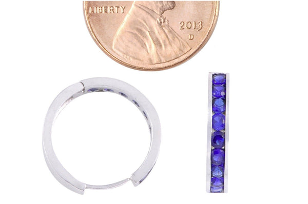 925 Sterling Silver 16mm Huggie Earrings Hinged Hoops Blue Sapphire CZ - Jewelryland.com