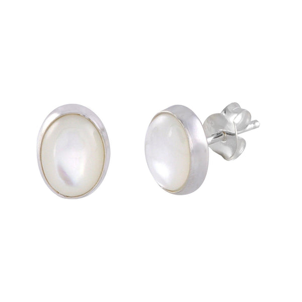 Mother of Pearl Gemstone Stud Earrings .925 Sterling Silver Oval 7mm x 9mm - Jewelryland.com