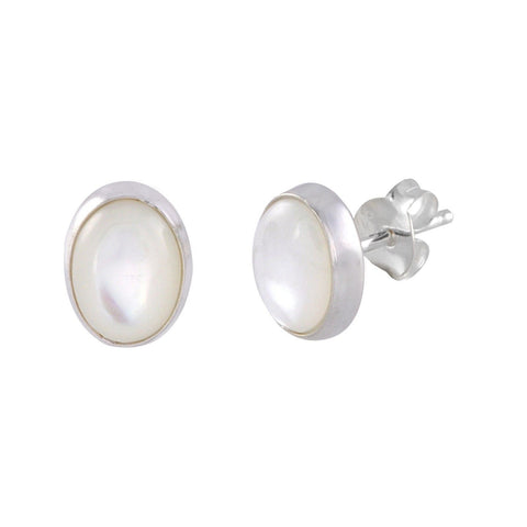 Mother of Pearl Gemstone Stud Earrings .925 Sterling Silver Oval 7mm x 9mm - Jewelryland.com
