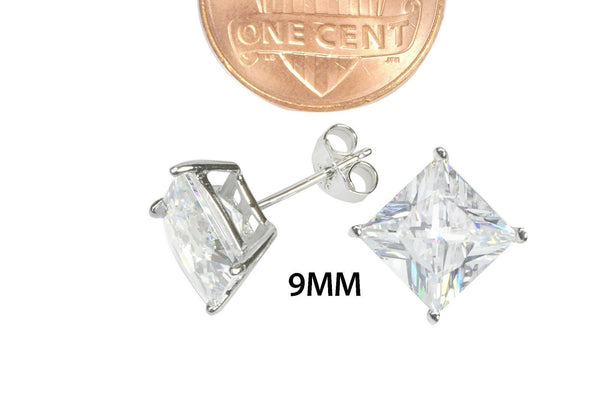 Sterling Silver Square Cubic Zirconia Stud Earrings AAA Clear CZ Basket Setting - Jewelryland.com