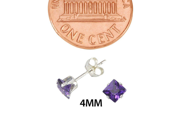 Sterling Silver Square Purple CZ Cubic Zironia Stud Earrings February Birthstone - Jewelryland.com