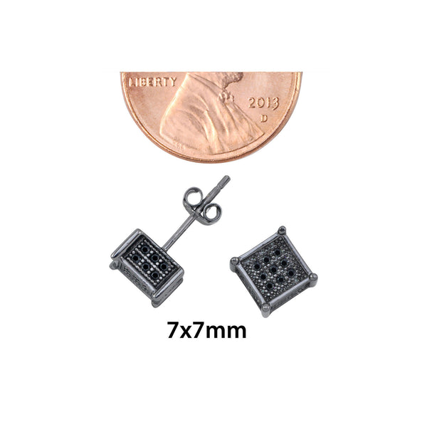 Sterling Silver Micropave Stud Earrings Black CZ Square 3d Sidestones 7mm x 7mm - Jewelryland.com