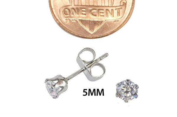 Stainless Steel Earrings White Round CZ Studs Prong Setting 2mm-10mm - Jewelryland.com