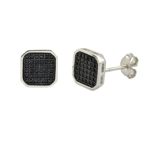 Mens Earrings 925 Sterling Silver Black Pave Cubic Zirconia CZ 9mm Square Shaped - Jewelryland.com