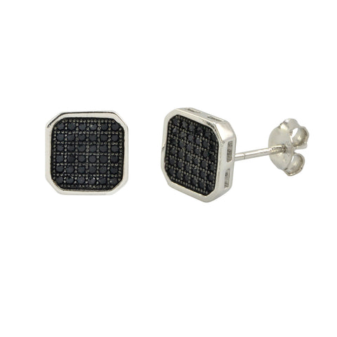 Mens Earrings 925 Sterling Silver Black Pave Cubic Zirconia CZ 9mm Square Shaped - Jewelryland.com