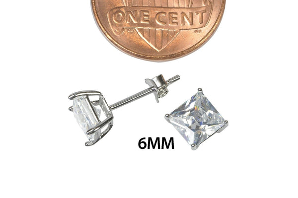 Sterling Silver Square Cubic Zirconia Stud Earrings AAA Clear CZ Basket Setting - Jewelryland.com