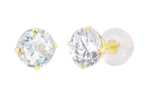 14k Yellow Gold Clear Round Basket Cubic Zirconia Stud Earrings Silicone Backs - Jewelryland.com